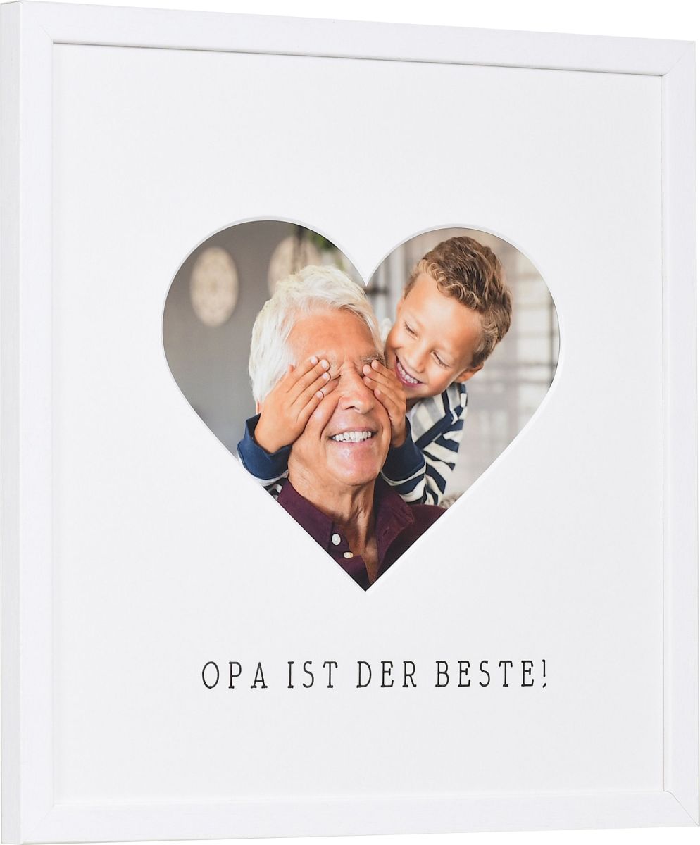 seitliche Ansicht eines Bilderrahmens mit Herzausschnitt für Opa in der Farbe Weiss
